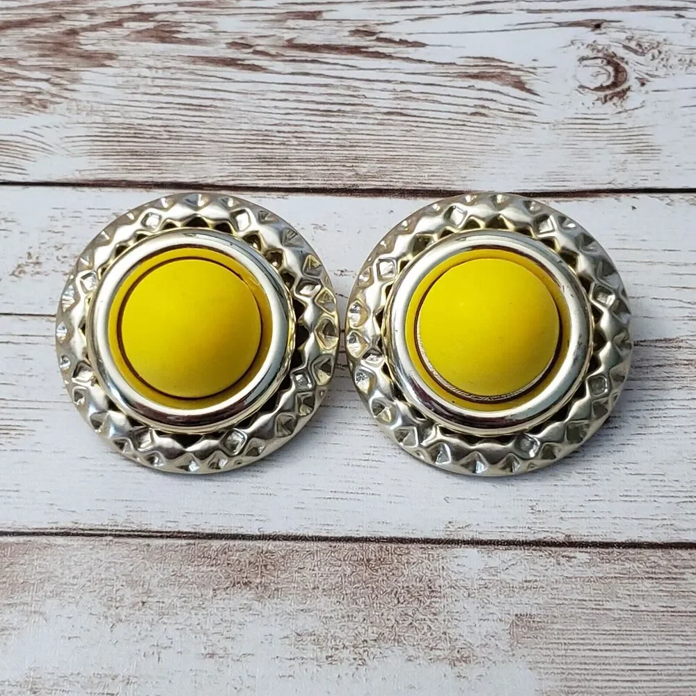 Vintage Clip On Earrings - Large Yellow with Gold Tone Fancy Halo Statement